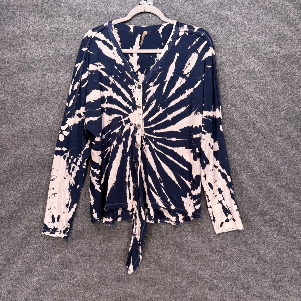 XCVI Shirt Women Medium Blue Tie Front Tie Dye Blouse Long Sleeve Buttons Boho